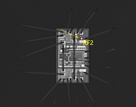 OBIRCH測試，發現異常的RF2腳與GND之間，進行精準掃描，圖像上瞬間呈現出一個異常明亮的斑點